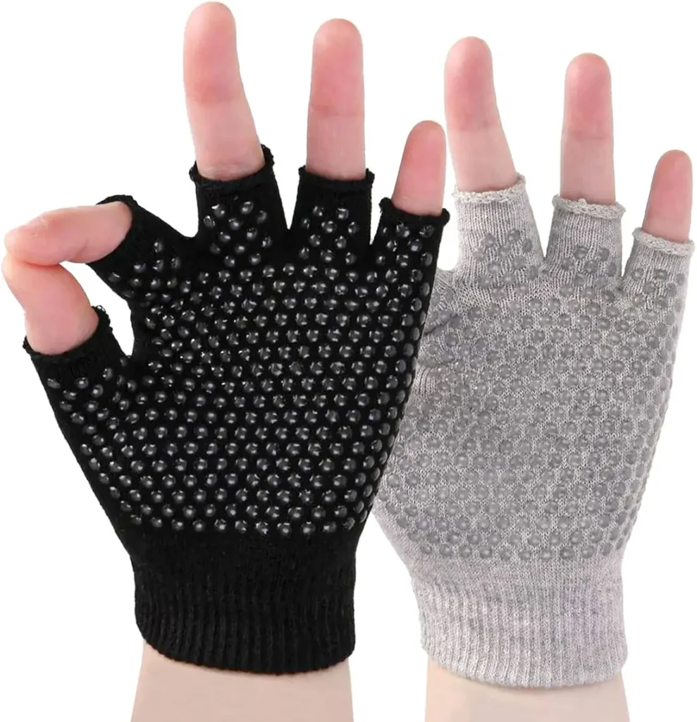 The YL traV fingerless yoga gloves in black and grey show their dotted palms in the main listing image.