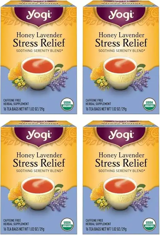 Four yellow Yogi tea boxes with a red cup of lavender. Best Herbal Teas to Drink After Yoga: 10 Soothing Options for Relaxation