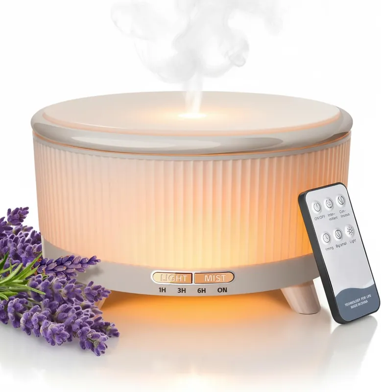 round ribbed diffuser with remote control and lavender sprig beside it